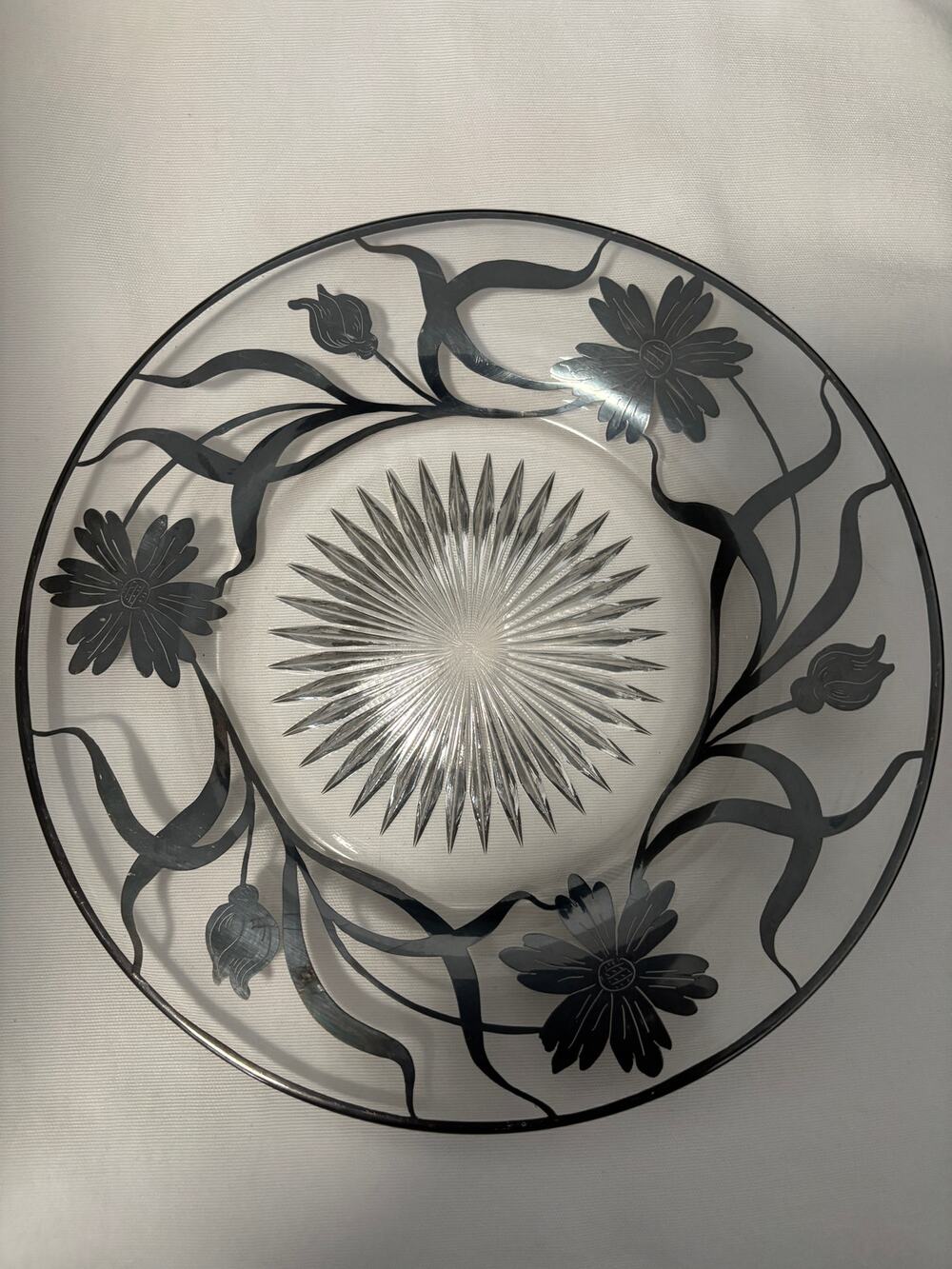 Vintage Silver Overlay Floral Clear Glass Plate